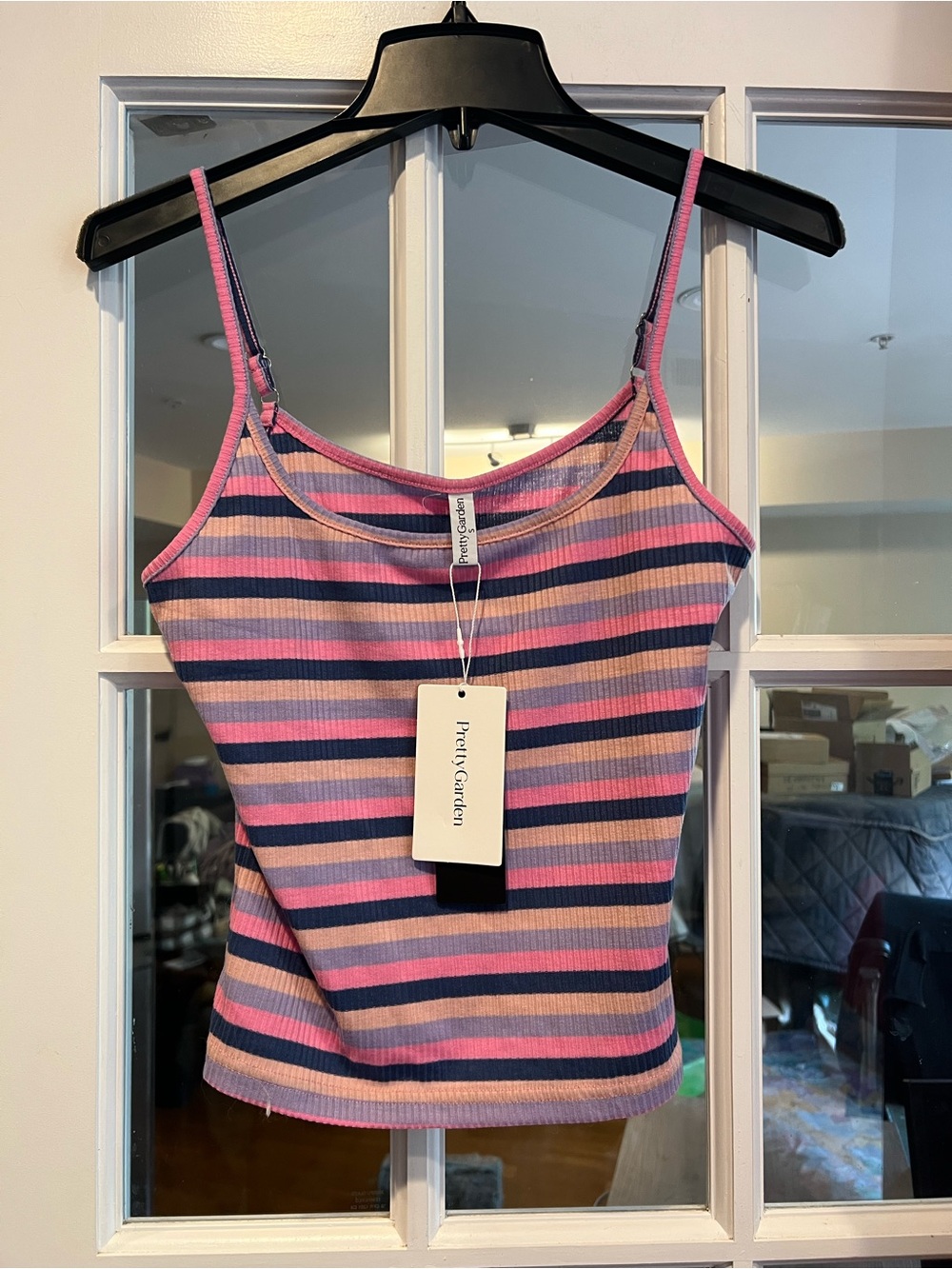 PrettyGardner Pink & Navy Striped Ribbed Camisole